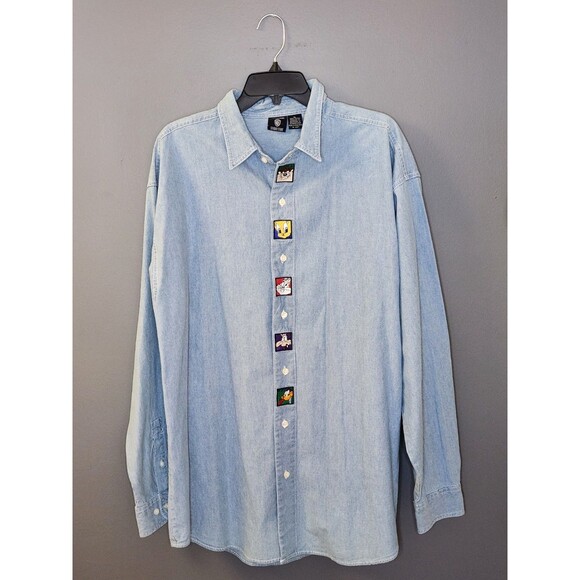 VTG 90's Warner Bros Shirt Men's XL Blue Long Sleeve Denim Chambray Looney Tunes - Picture 2 of 9